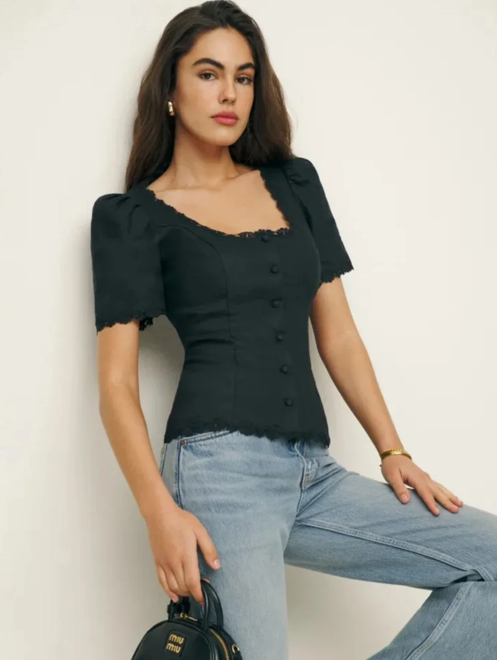 Reformation Anabella Black Linen Blouse Milkmaid Lace Parisian